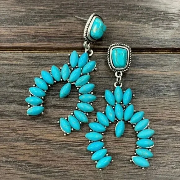 Southwestern Blue Turquoise Squash Blossom Silver Drop Earrings Western Boho - Picture 2 of 2